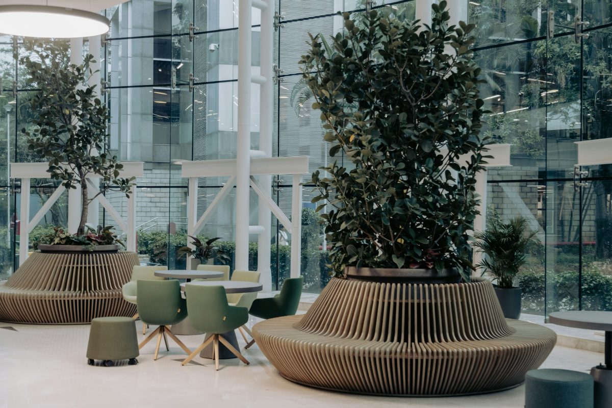Bright office lobby with glass walls, potted trees in wooden planters and green chairs